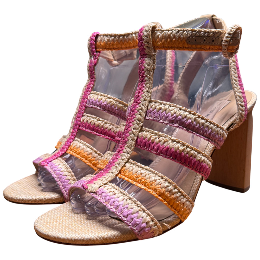 ANTONIO MELANI Gwindolin Women's 9 T-Strap Raffia Dress Sandals Pink Combo Shoes